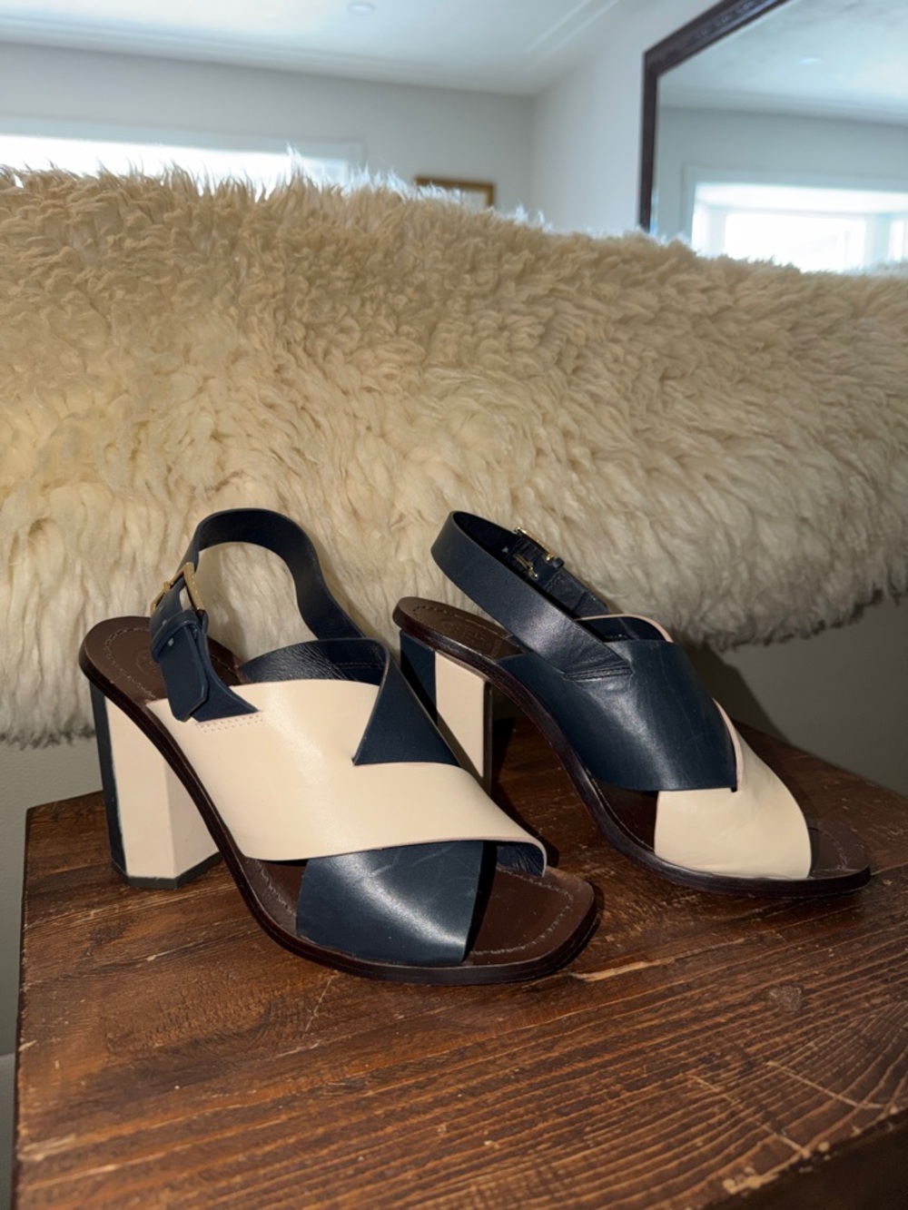 Tory Burch Bleecker Navy and Cream Block Heel Sandals